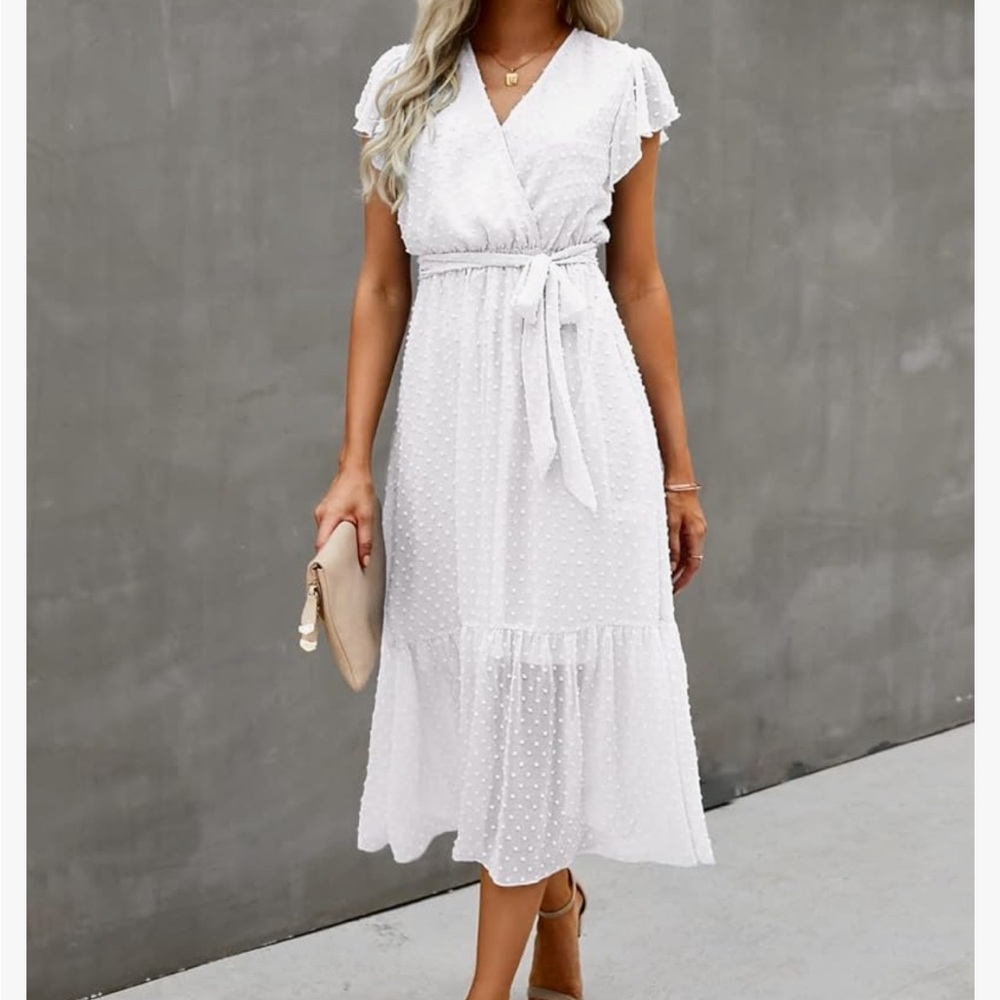 Women’s White Swiss Dot Flutter Sleeve Midi Dress, Size Small